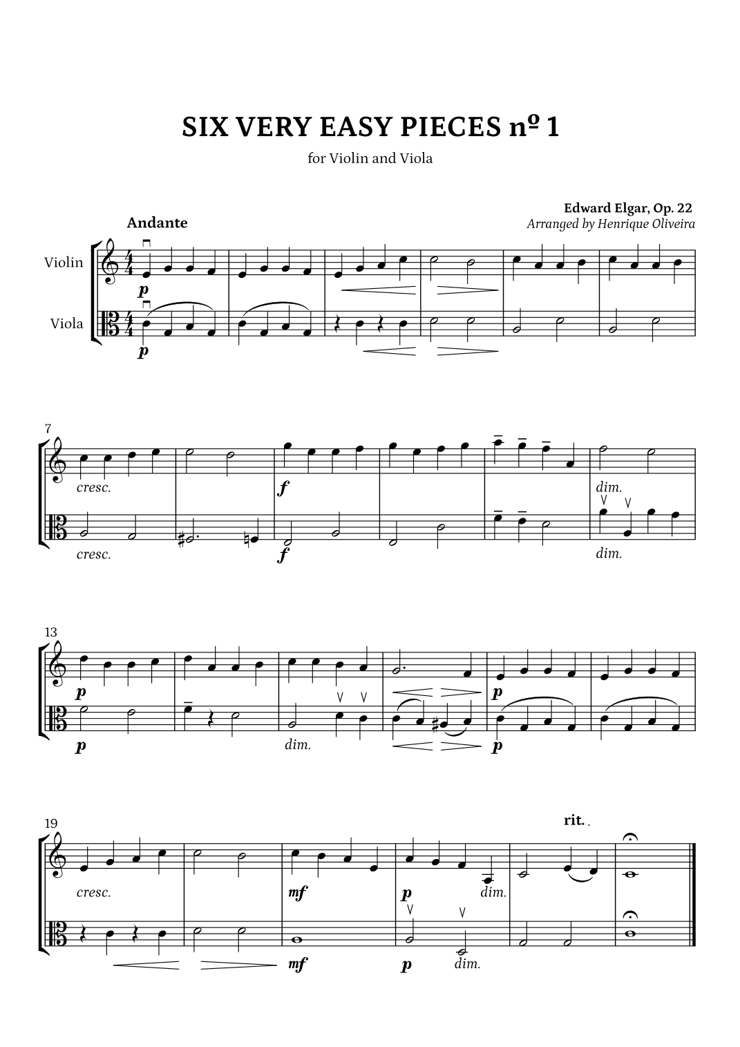 Six Very Easy Pieces nº 1 (Andante) - Violin and Viola (arr. Henrique Oliveira)