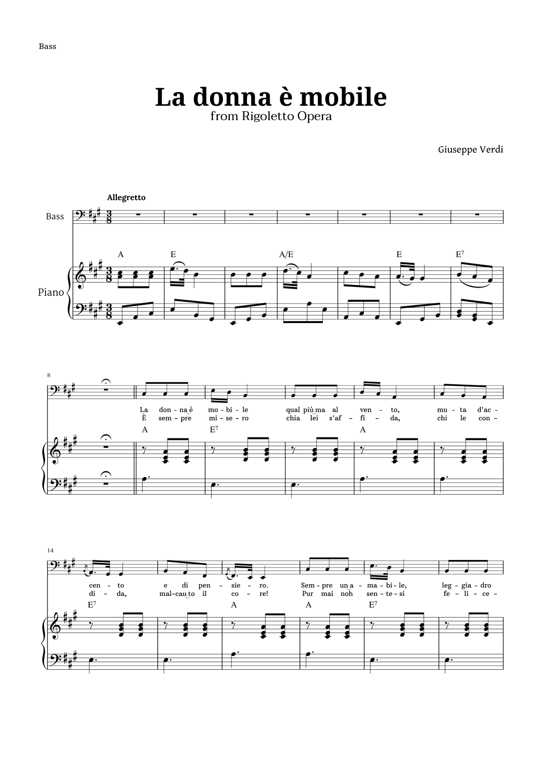 La donna è mobile in A major for Bass and Piano (arr. Langanho)