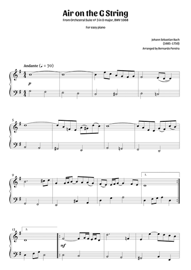 Air on the G string (easy piano in G major – clean sheet music) (arr. Bernardo Pereira)