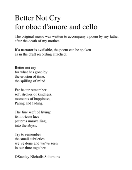 Better Not Cry for oboe d'amore, cello and optional narrator