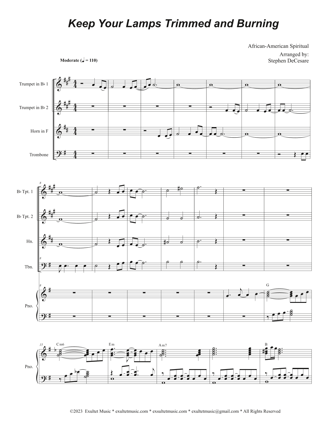Keep Your Lamps Trimmed And Burning (Brass Quartet and Piano) (arr. Stephen DeCesare)