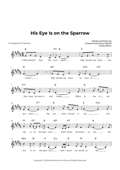 His Eye Is on the Sparrow (Key of B Major) (arr. R. Salvario)
