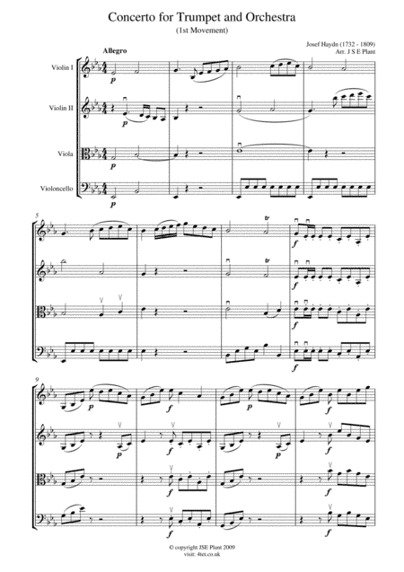 Haydn: Trumpet Concert in Eb Major (Mov 1) for String Quartet - Score and Parts (arr. Julie Doubleday)