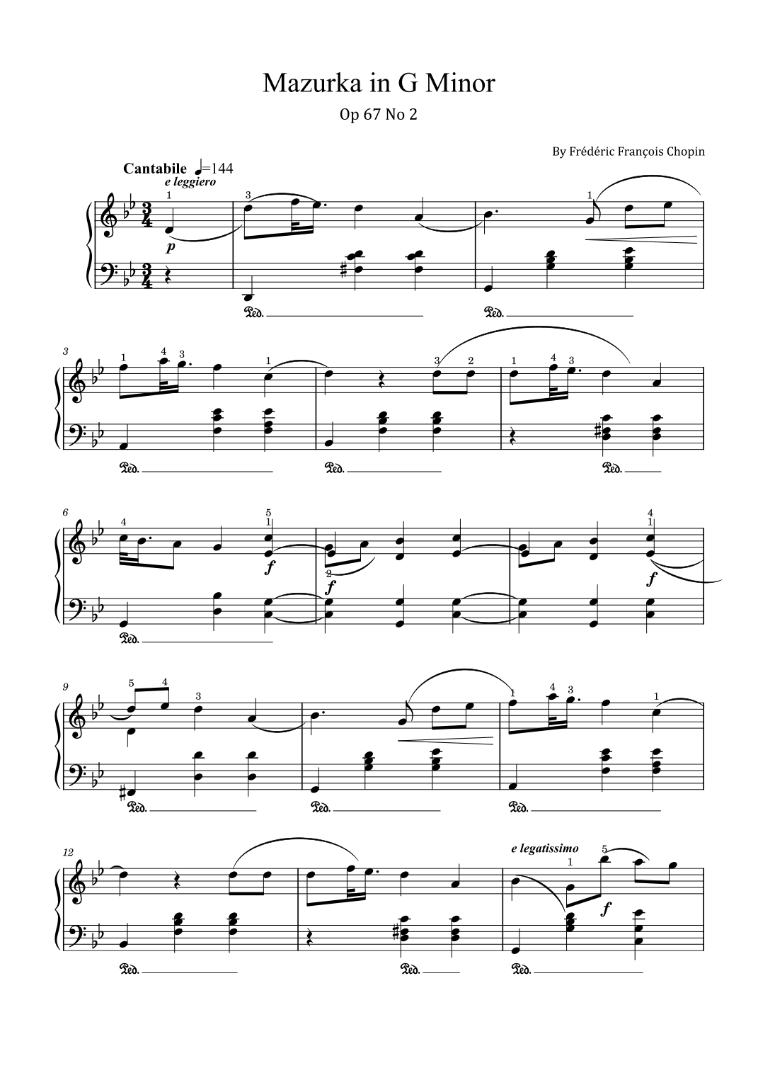 Chopin - Mazurka in G Minor Op.67 No. 2 - Original With Fingered (arr. poon)