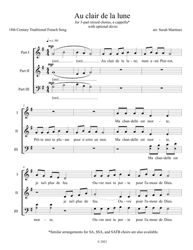 Au clair de la lune / By the Light of the Moon (3-Part Mixed, A Cappella) (arr. Sarah Martinez)