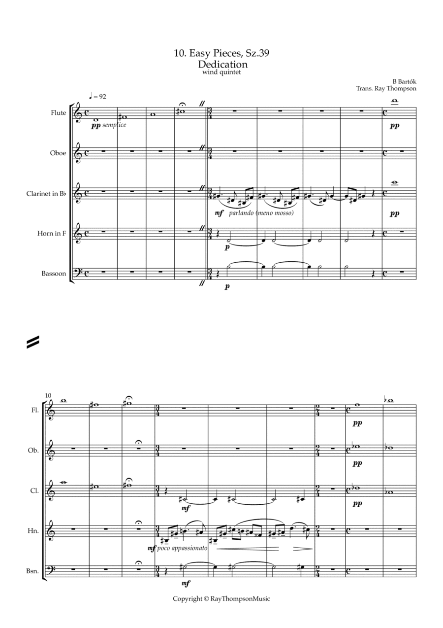 Bartók: 10 Easy Pieces , Sz.39  Dedication - wind quintet (arr. Ray Thompson)