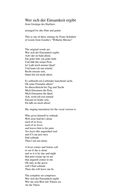 Wer sich der Einsamkeit ergibt (Who gives himself to solitude) for alto flute and guitar (arr. David Warin Solomons)