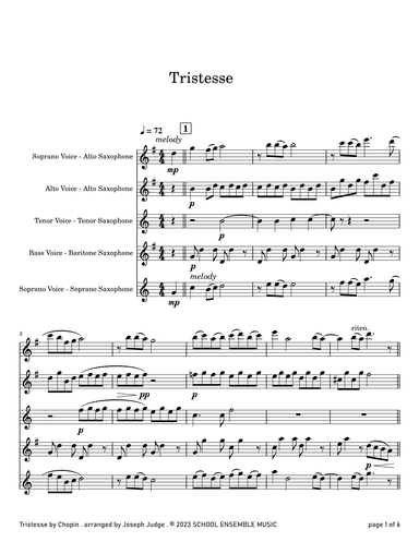 Tristesse by Chopin for Saxophone Quartet in Schools (arr. Joseph Judge)