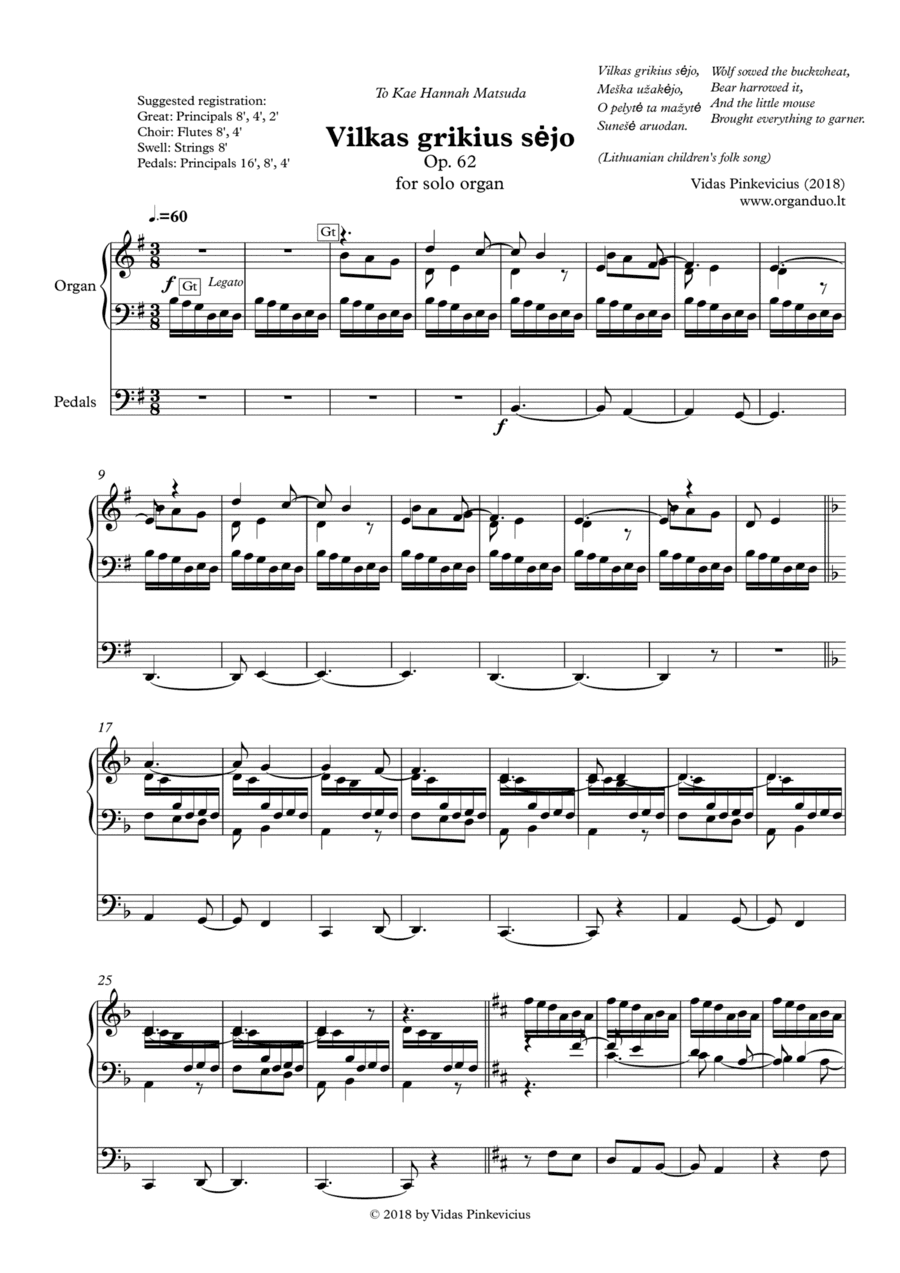 Vilkas grikius sejo, Op. 62 for solo organ (2018) by Vidas Pinkevicius