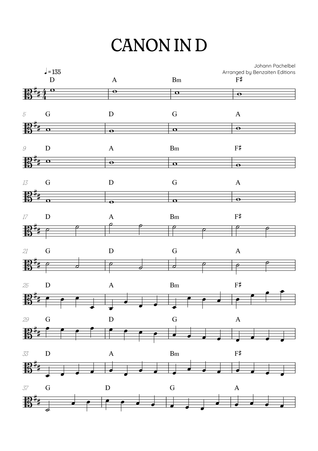 Pachelbel Canon in D • viola sheet music with chords (arr. Benzaiten Editions)