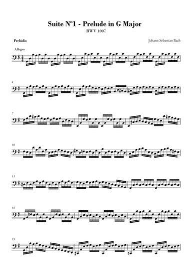 Bach Cello Suite nº 1 - Prelude in G BWV 1007 - without bowings or interpretation marks - clean she (arr. MHF)