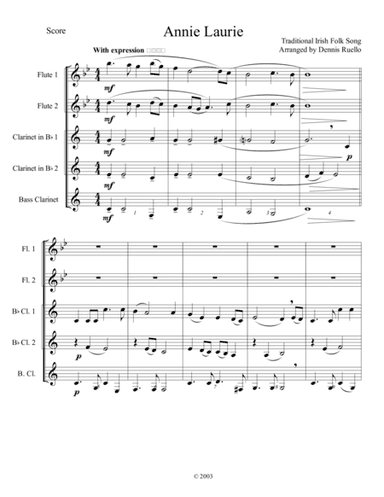 Annie Laurie - 2 Flutes, 2 Clarinets, and Bass Clarinet - Intermediate (arr. Dennis Ruello)