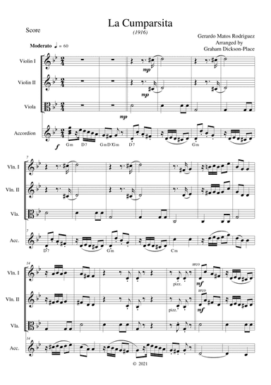 La Cumparsita (1909) Arranged by Graham Dickson-Place for Accordion, Violin 1, Violin 2 and Viola (arr. Arranged by Graham Dickson-Place)