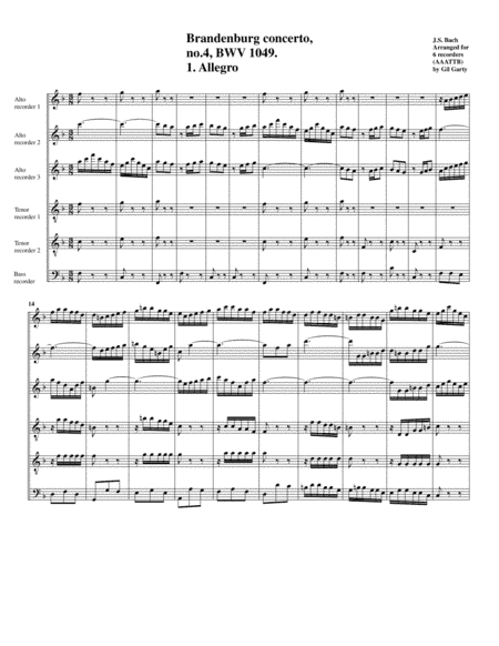 Brandenburg concerto no.4, BWV 1049 (arrangement for 6 recorders) (arr. Gil Garty)