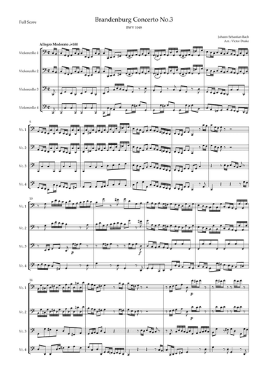 Brandenburg Concerto No. 3 in G major, BWV 1048 1st Mov. (J.S. Bach) for Cello Quartet (arr. Victor Drake)