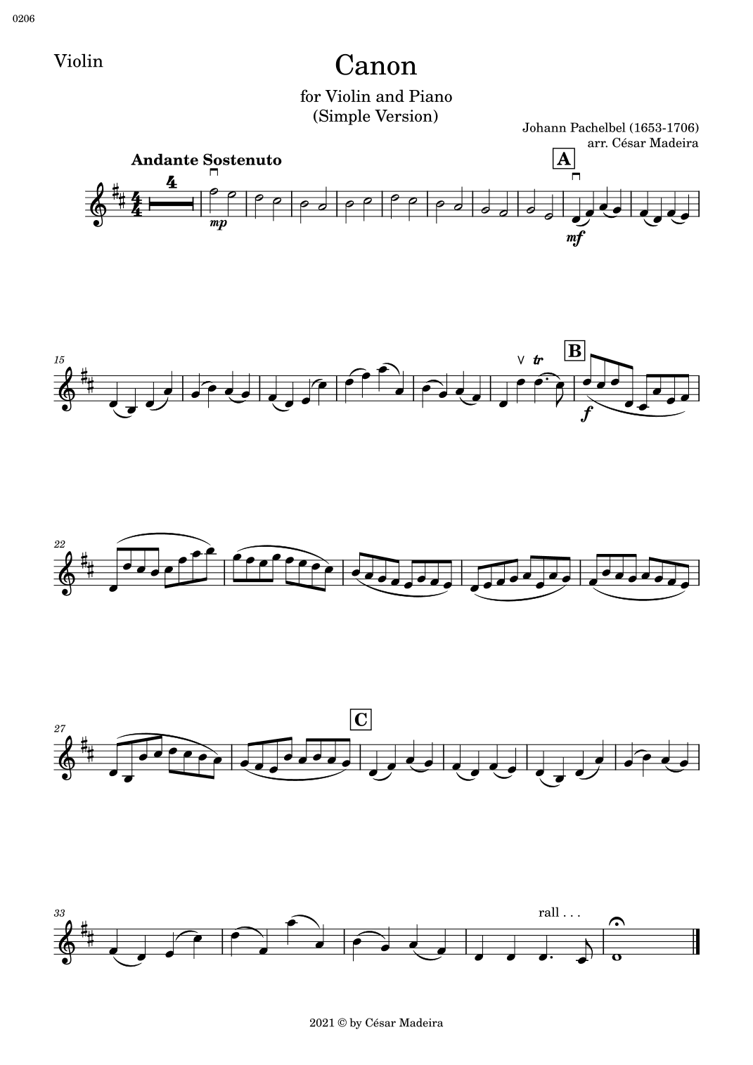 Pachelbel's Canon in D - Violin and Piano - Simple Version (Individual Parts) (arr. César Madeira)