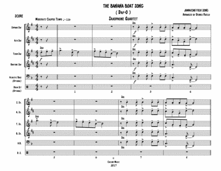 The Banana Boat Song (Day - O) - Sax Quartet (SATB or AATB) Plus Optional Acoustic Bass and Drum Set (arr. Dennis Ruello)