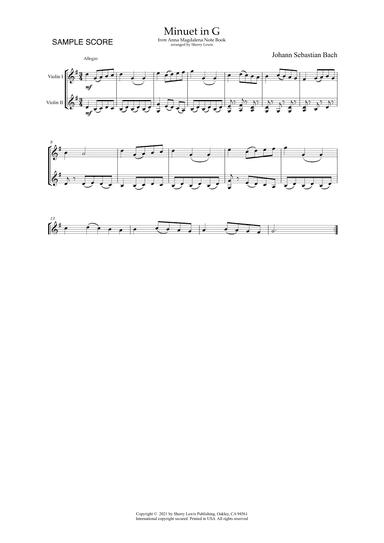 MINUET IN G by Bach for VIOLIN AND PIANO Early Intermediate Level (arr. Sherry Lewis)