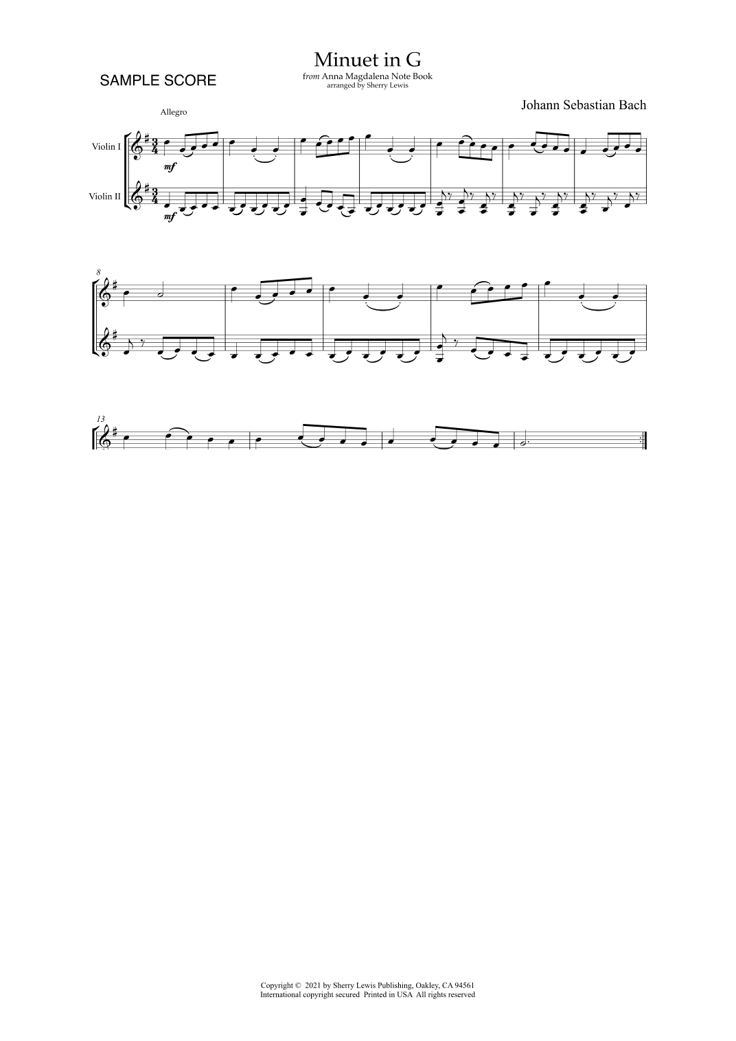 MINUET IN G by Bach for VIOLIN AND PIANO Early Intermediate Level (arr. Sherry Lewis)
