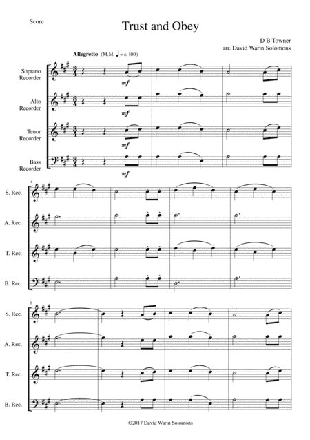 Trust and Obey for recorder quartet (arr. David Warin Solomons)