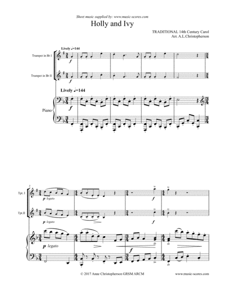 The Holly and the Ivy - 2 Trumpets & Piano (arr. Anne Christopherson GRSM ARCM)