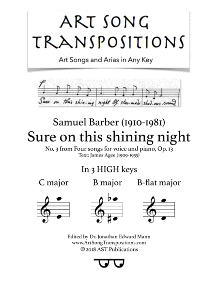 Sure On This Shining Night, Op. 13, No. 13 (arr. ArtSongTranspositions.com)