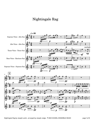 Nightingale Rag by Joseph Lamb for Saxophone Quartet in Schools (arr. Joseph Judge)