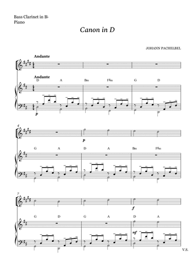 Canon in D for Bass Clarinet in Bb and Piano (With Chords) (arr. Cássio Silva Chaves)