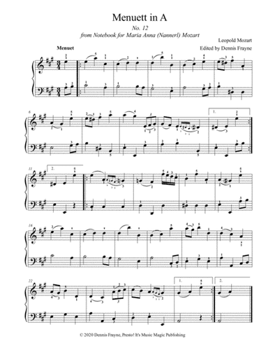 Menuett in A, No. 12 from Notebook for Maria Anna (Nannerl) Mozart (arr. Presto! It's Music Magic Publishing)
