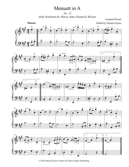 Menuett in A, No. 12 from Notebook for Maria Anna (Nannerl) Mozart (arr. Presto! It's Music Magic Publishing)
