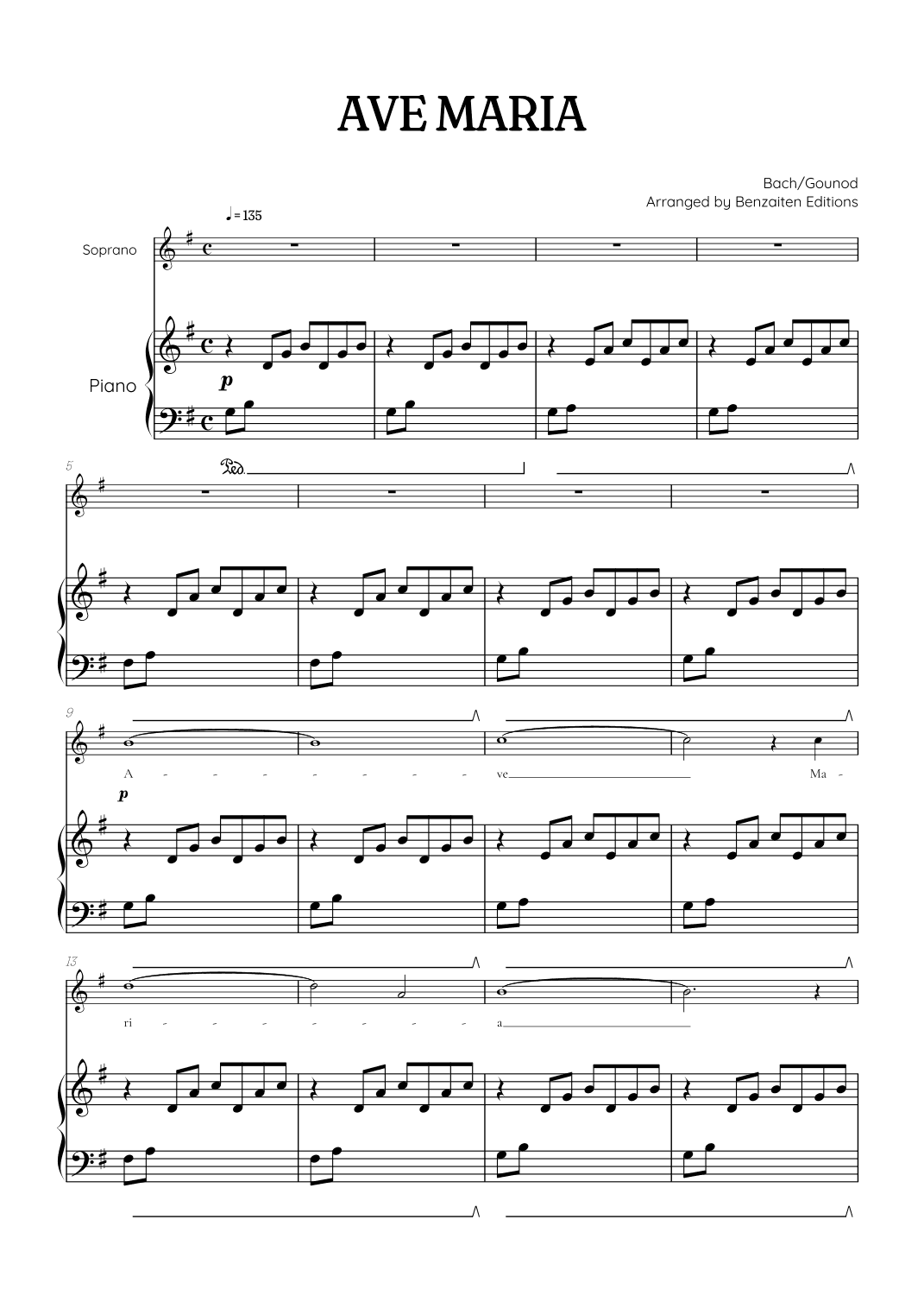 Bach / Gounod Ave Maria in G major • soprano sheet music with piano accompaniment (arr. Benzaiten Editions)