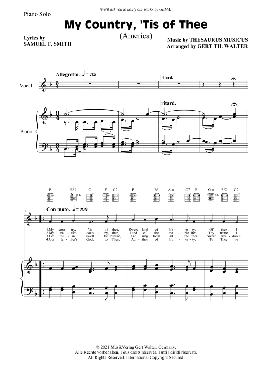 My Country, 'Tis Of Thee (America) (arr. Gert Th. Walter)