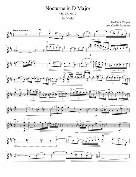 Chopin, Nocturne in D Major, Op. 27 no. 2, for Intermediate Violin (arr. Camilo Barahona)