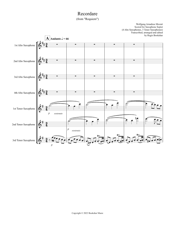 Recordare (from "Requiem") (F) (Saxophone Septet - 4 Alto, 3 Ten) (arr. Regis Bookshar)