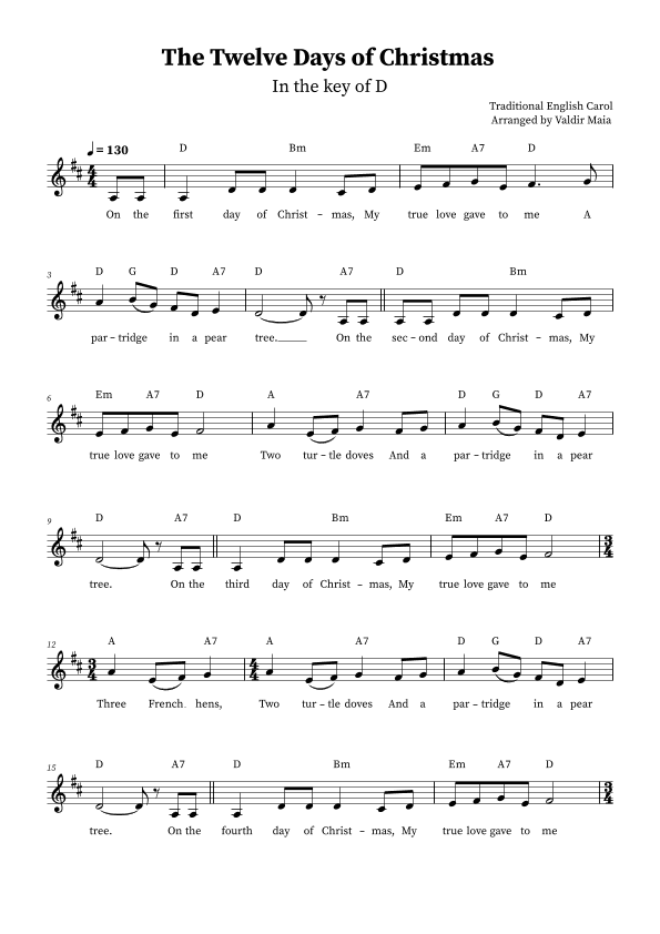 The Twelve Days Of Christmas (D Major) (arr. Valdir Maia)