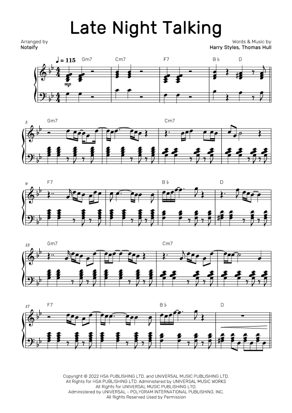 Late Night Talking (arr. Noteify)