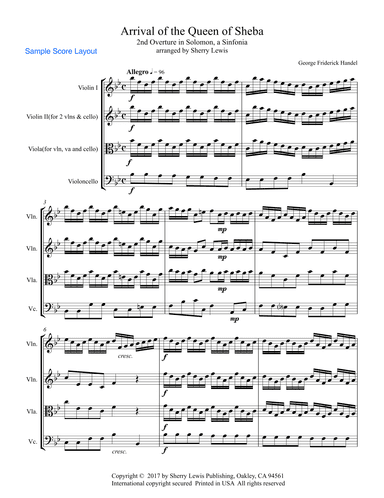 ARRIVAL OF THE QUEEN OF SHEBA String Quartet, Intermediate Level for 2 violins, viola and cello (arr. Sherry Lewis)