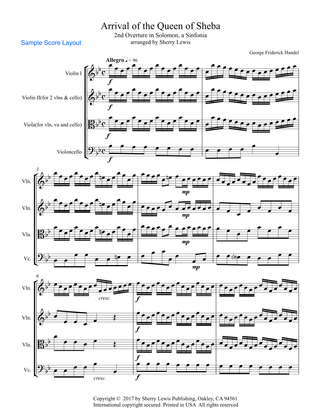 ARRIVAL OF THE QUEEN OF SHEBA String Quartet, Intermediate Level for 2 violins, viola and cello (arr. Sherry Lewis)