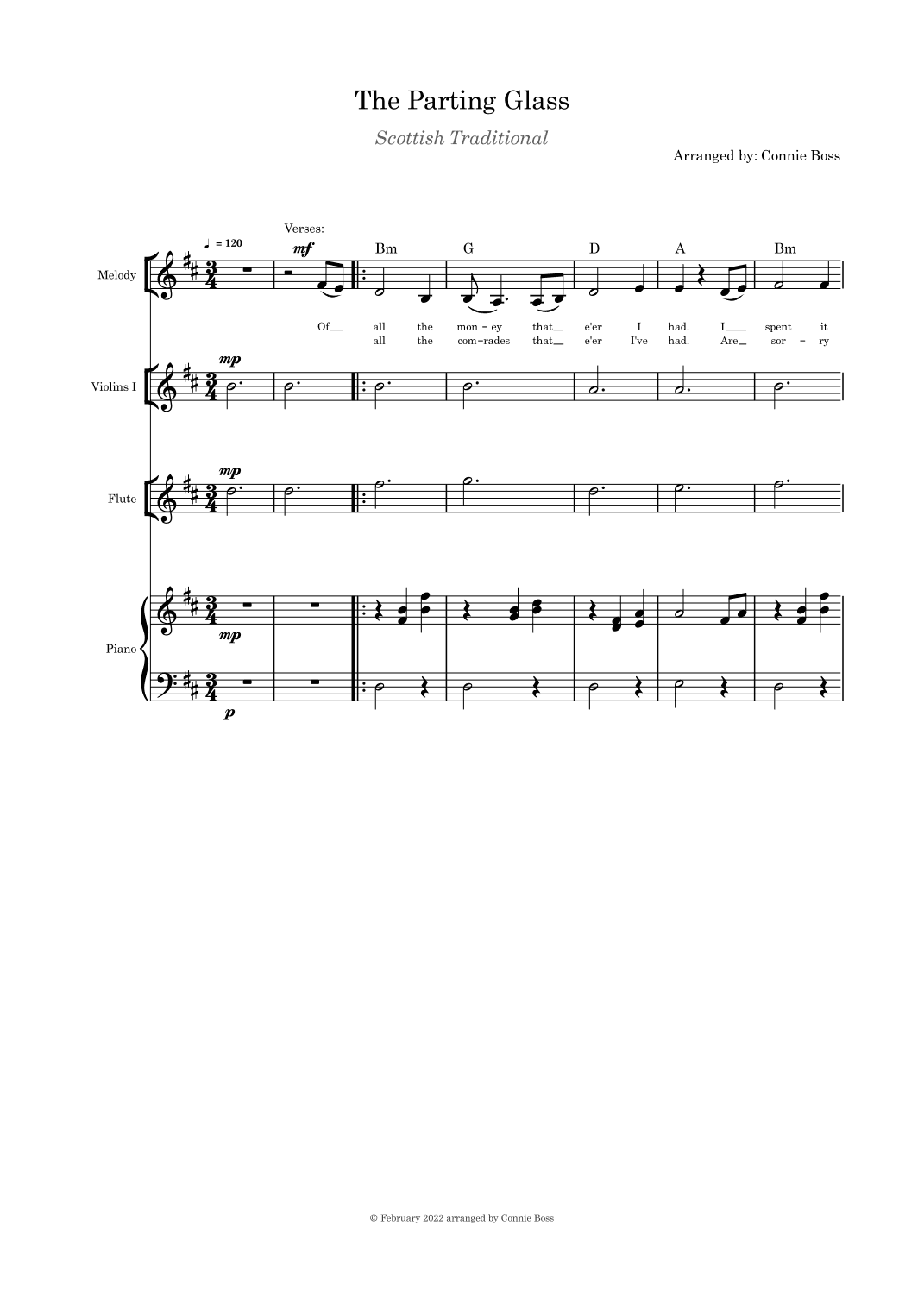 The Parting Glass - lower key (D) - solo, flute, violin and piano (arr. Connie Boss)