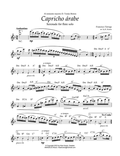 Capricho árabe for flute solo (+guitar chords) (arr. K. Krantz)