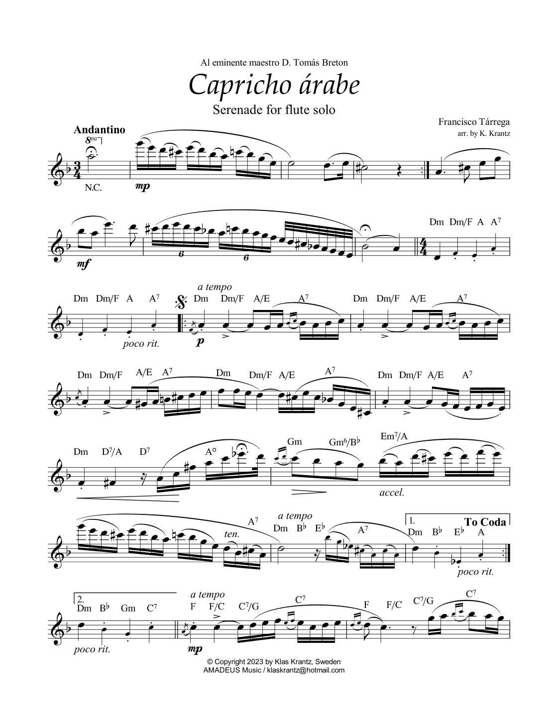 Capricho árabe for flute solo (+guitar chords) (arr. K. Krantz)