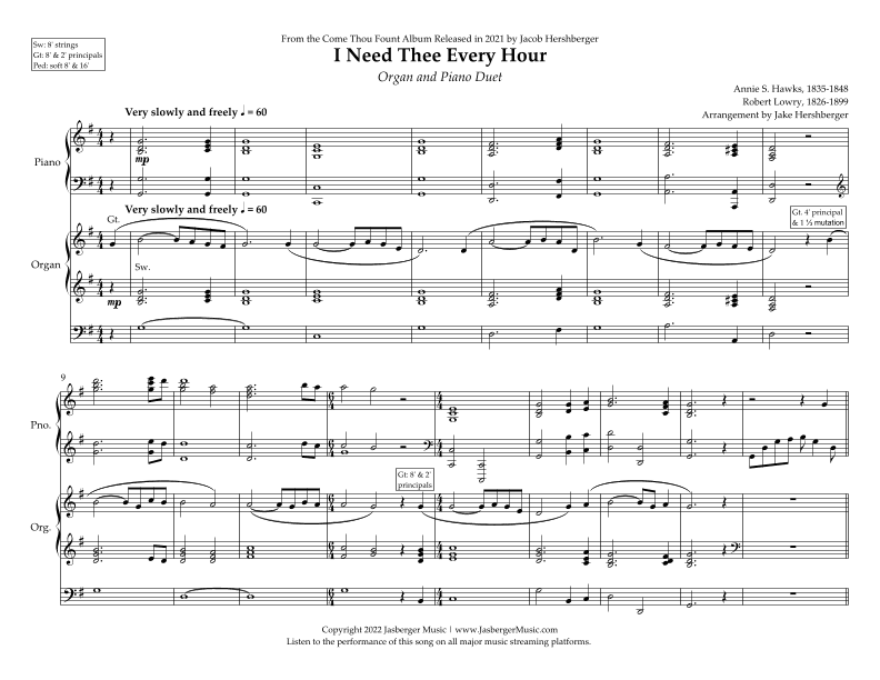 I Need Thee Every Hour Arranged for Piano and Organ Duet - Acc. Track (arr. Jacob Hershberger)