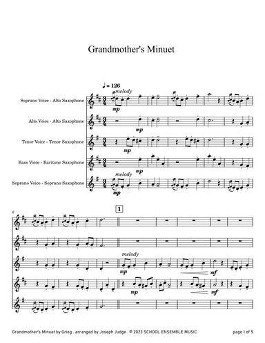 Grandmother's Minuet by Grieg for Saxophone Quartet in Schools (arr. Joseph Judge)