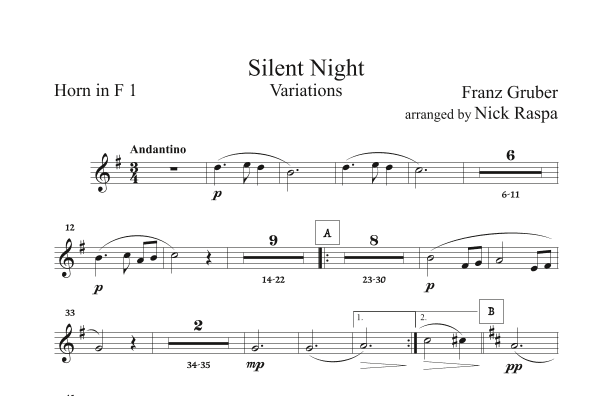 Silent Night - Variations (full orchestra) Horn in F 1 part (arr. Nick Raspa)