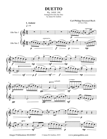 CPE Bach: Duetto Wq. 140 for Alto Sax Duo (arr. James M. Guthrie, ASCAP)
