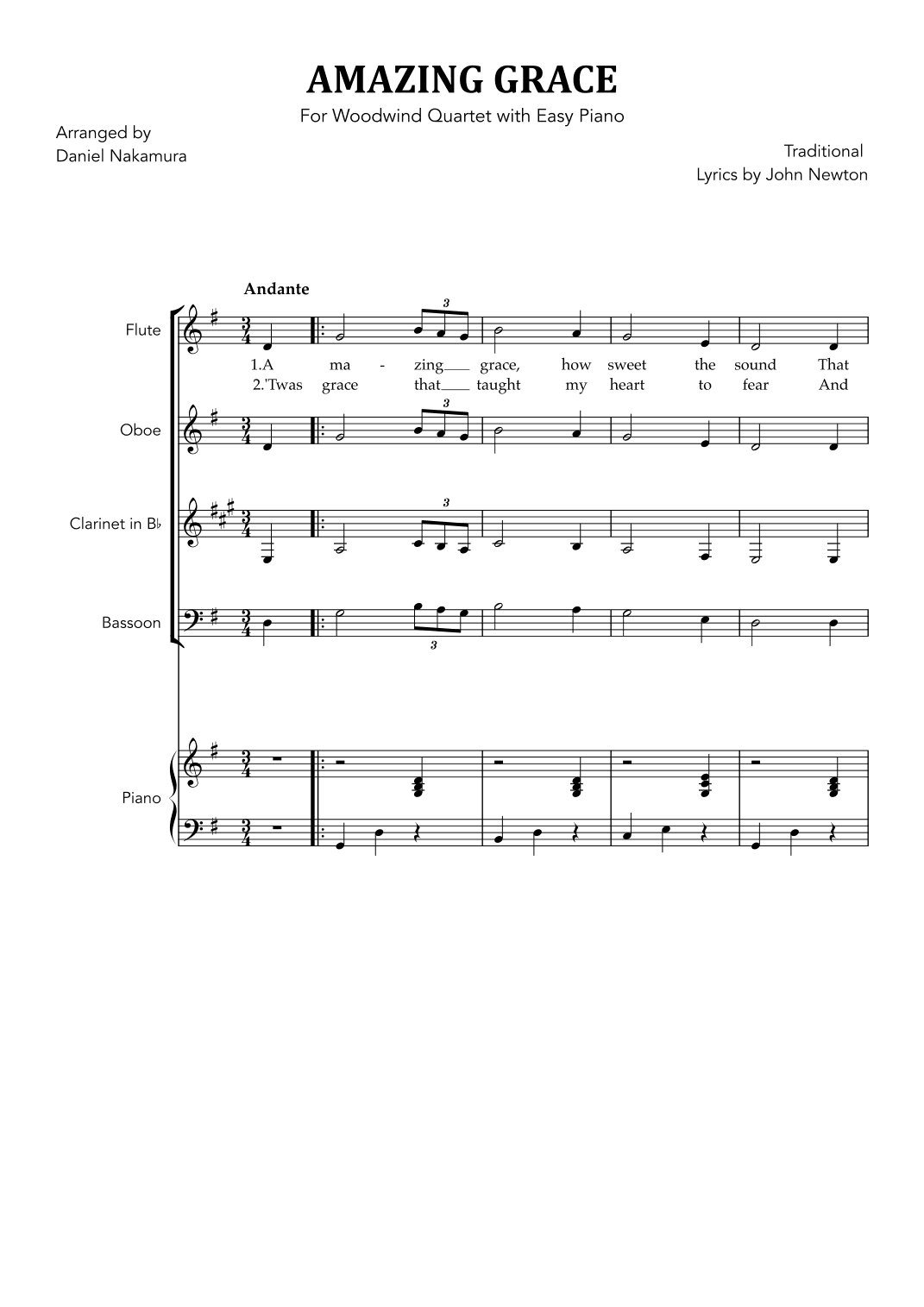 Amazing Grace (for Woodwind Quartet and Easy Piano) (arr. Daniel Nakamura)