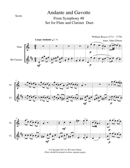 Andante and Gavotte by William Boyce for Flute and Clarinet (arr. John Gibson)