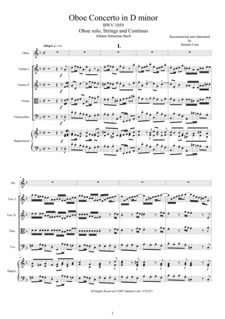 Bach - Oboe Concerto in D minor BWV1059 for Oboe, Strings and Continuo (arr. Santino Cara)
