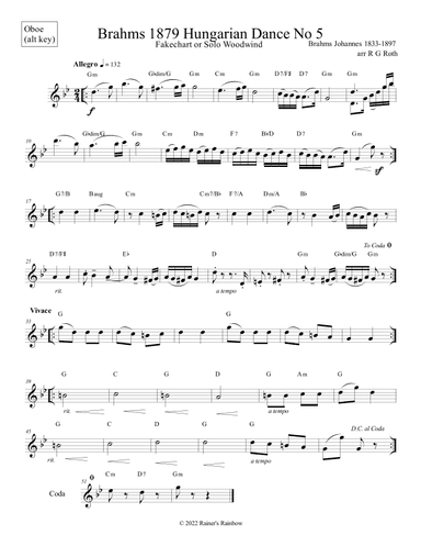 Brahms Hungarian Dance No 5 Oboe Fakechart (arr. R G Roth)