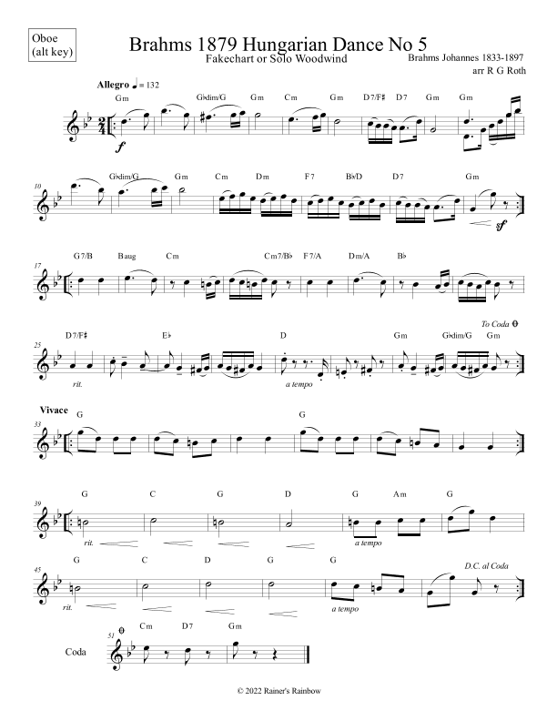 Brahms Hungarian Dance No 5 Oboe Fakechart (arr. R G Roth)